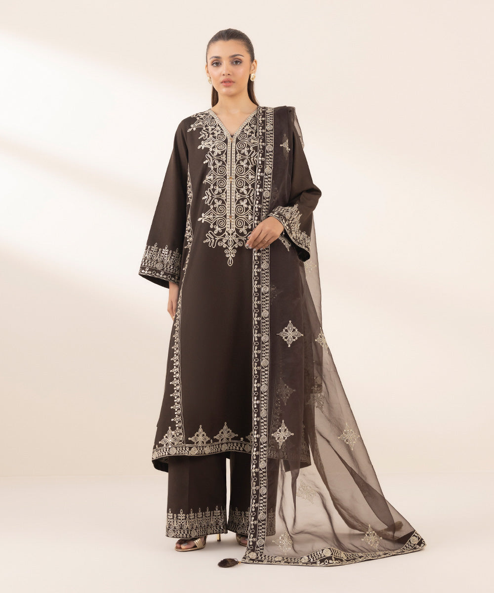 Women's Pret Blended Organza Brown Embroidered 3 Piece Suit