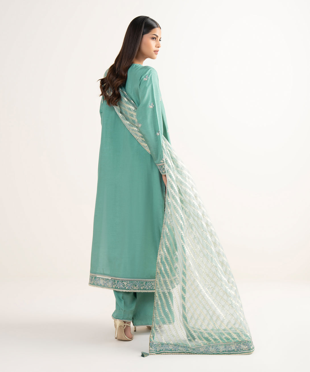 Women's RTW Raw Silk Green Embroidered 3 Piece Suit