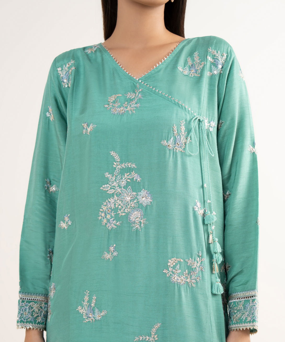 Women's RTW Raw Silk Green Embroidered 3 Piece Suit
