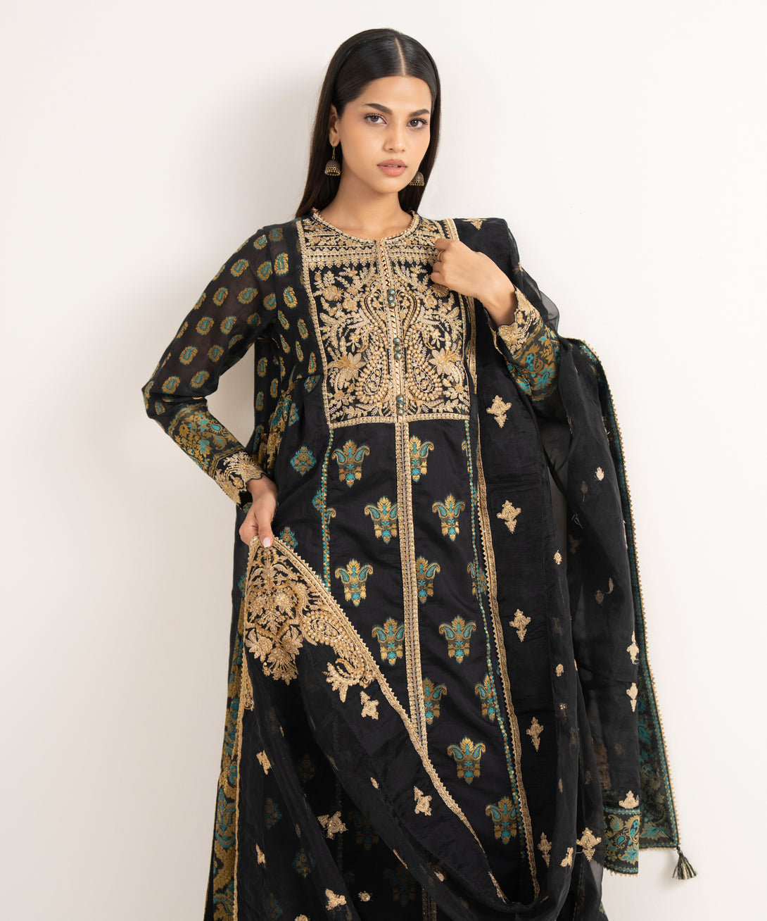 Women's RTW Zari Jacquard Black Embroidered 3 Piece Suit