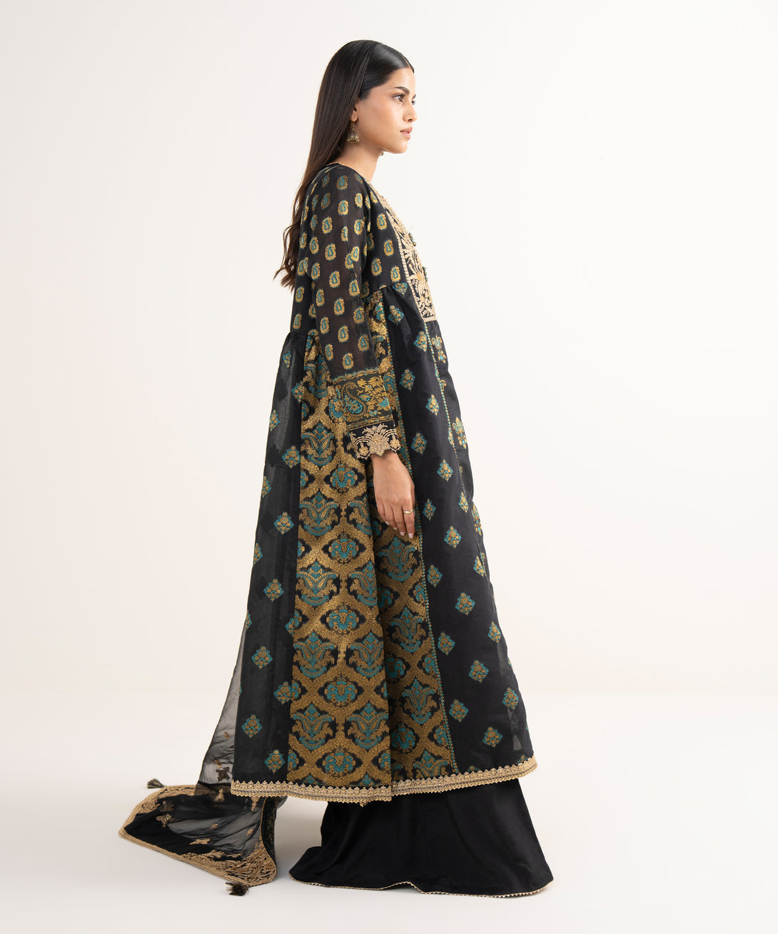Women's RTW Zari Jacquard Black Embroidered 3 Piece Suit