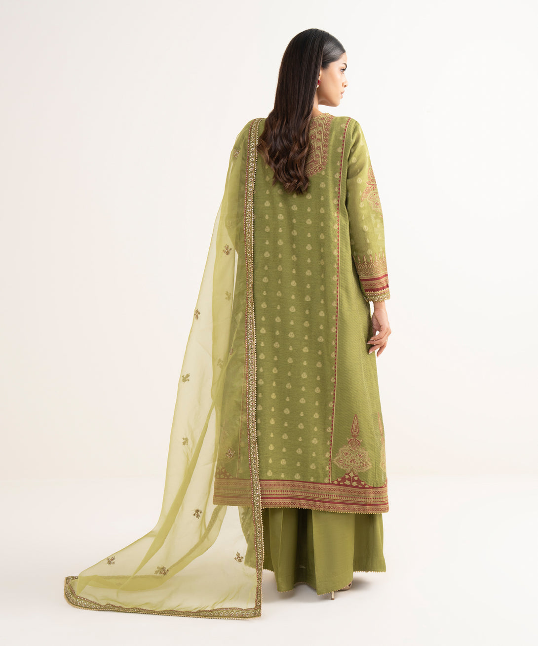 Women's RTW Zari Jacquard Green Embroidered 3 Piece Suit