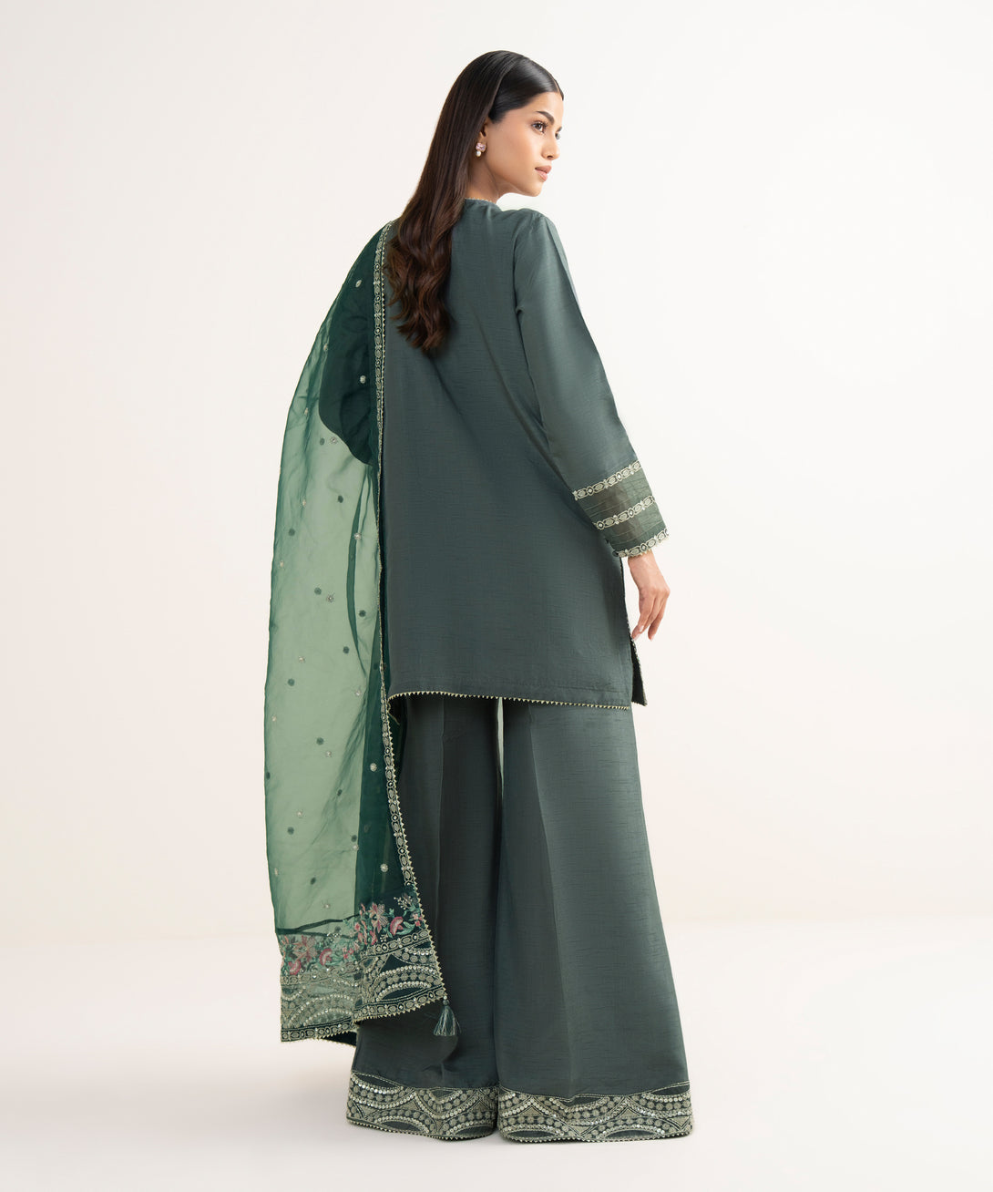 Women's RTW Raw Silk Grey Embroidered 3 Piece Suit