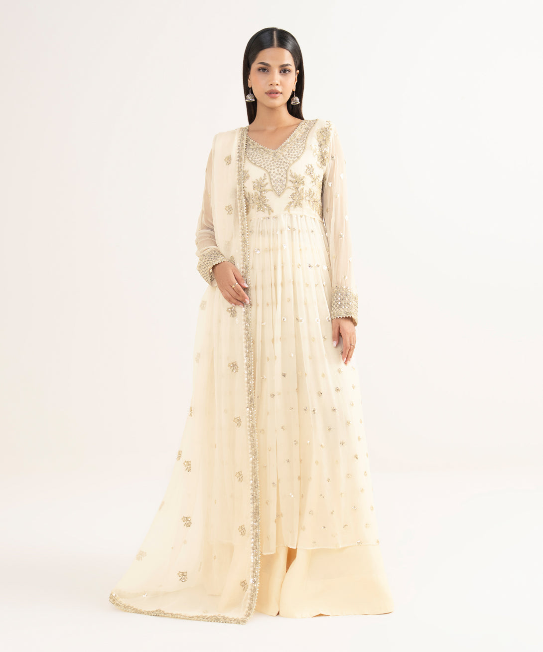 Women's RTW Crinkle Chiffon White Embroidered 3 Piece Suit