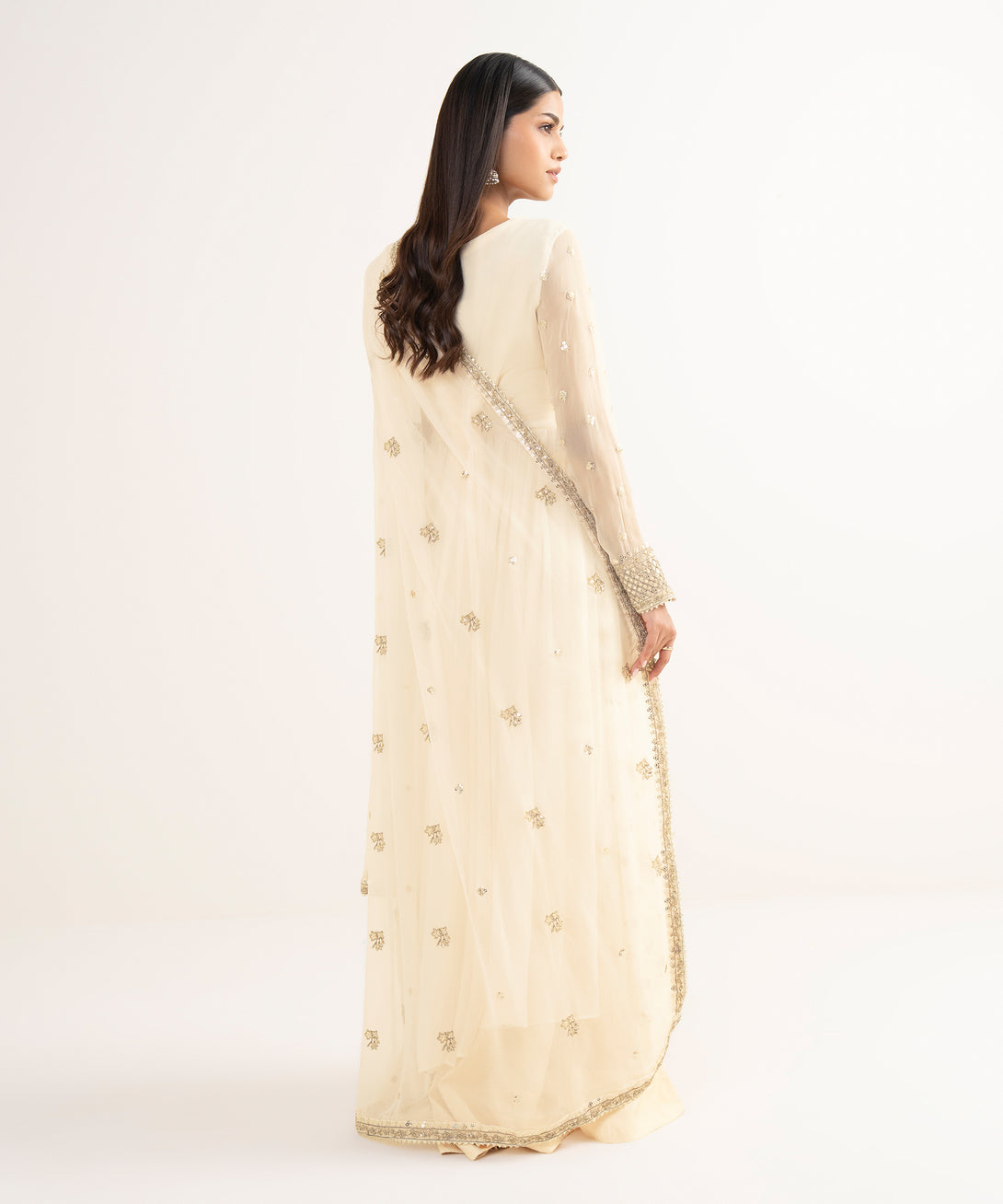 Women's RTW Crinkle Chiffon White Embroidered 3 Piece Suit