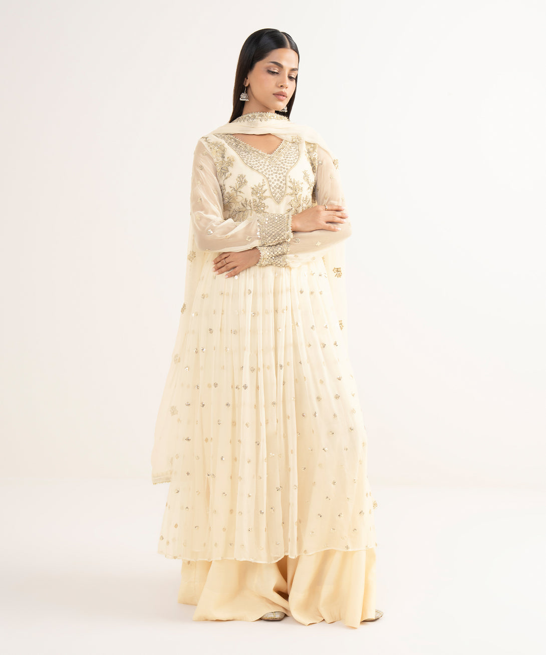Women's RTW Crinkle Chiffon White Embroidered 3 Piece Suit