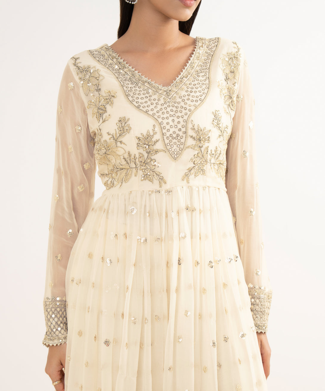Women's RTW Crinkle Chiffon White Embroidered 3 Piece Suit