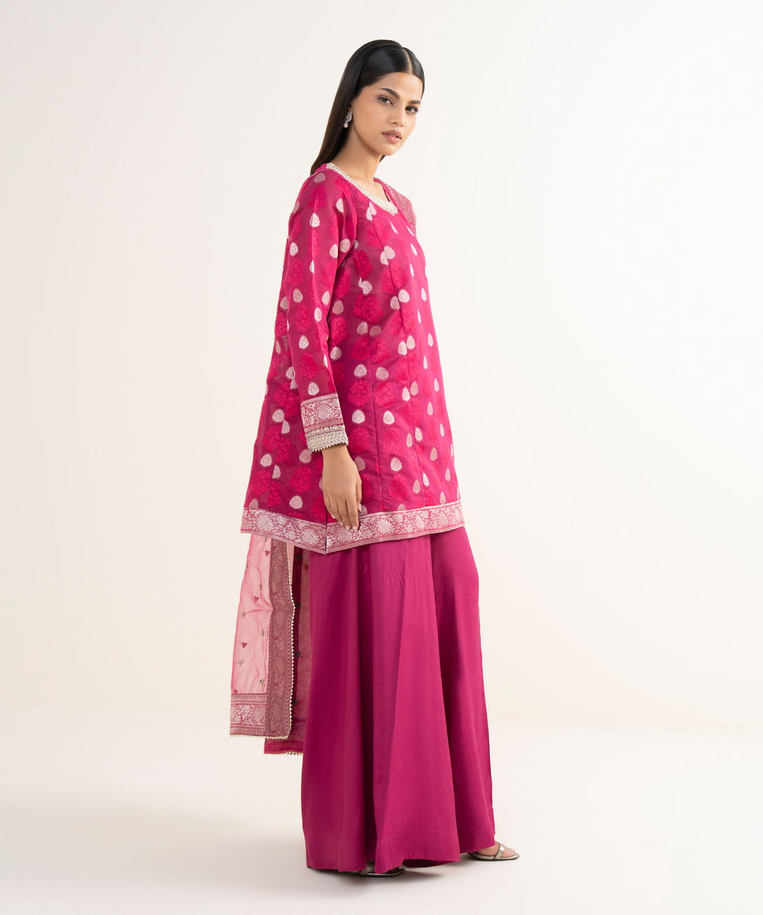 Women's RTW Zari Jacquard Pink Embroidered 3 Piece Suit