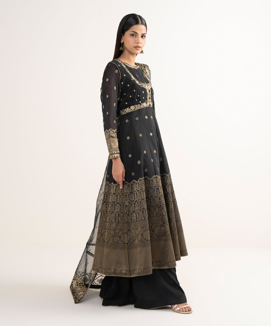 Women's RTW Zari Jacquard Black Embroidered 3 Piece Suit