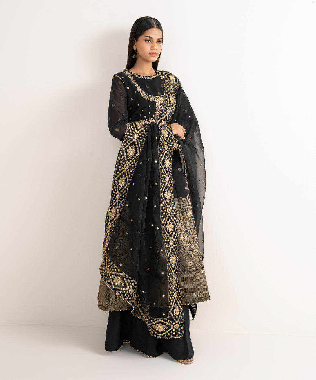 Women's RTW Zari Jacquard Black Embroidered 3 Piece Suit