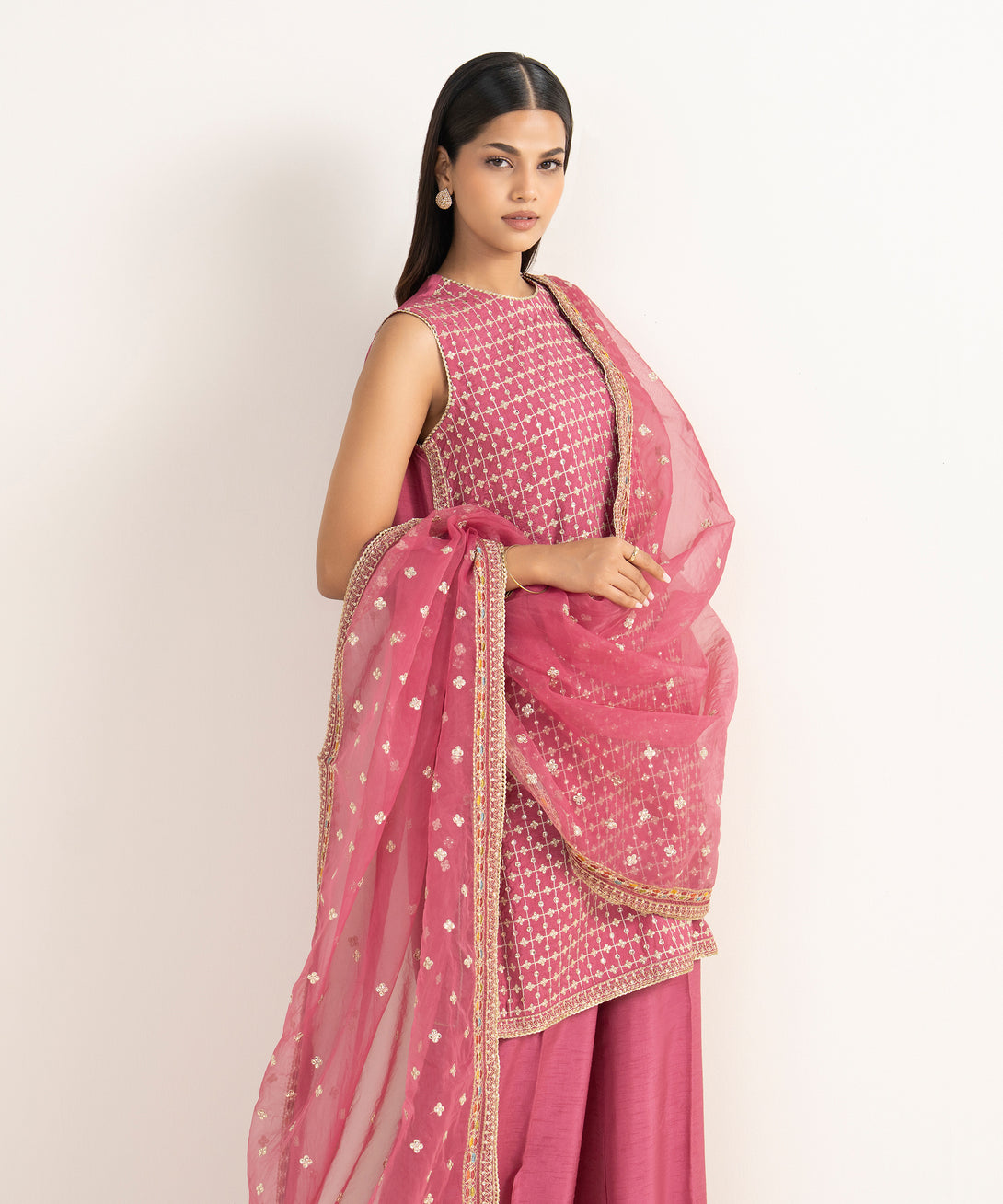 Women's RTW Raw Silk Pink Embroidered 3 Piece Suit
