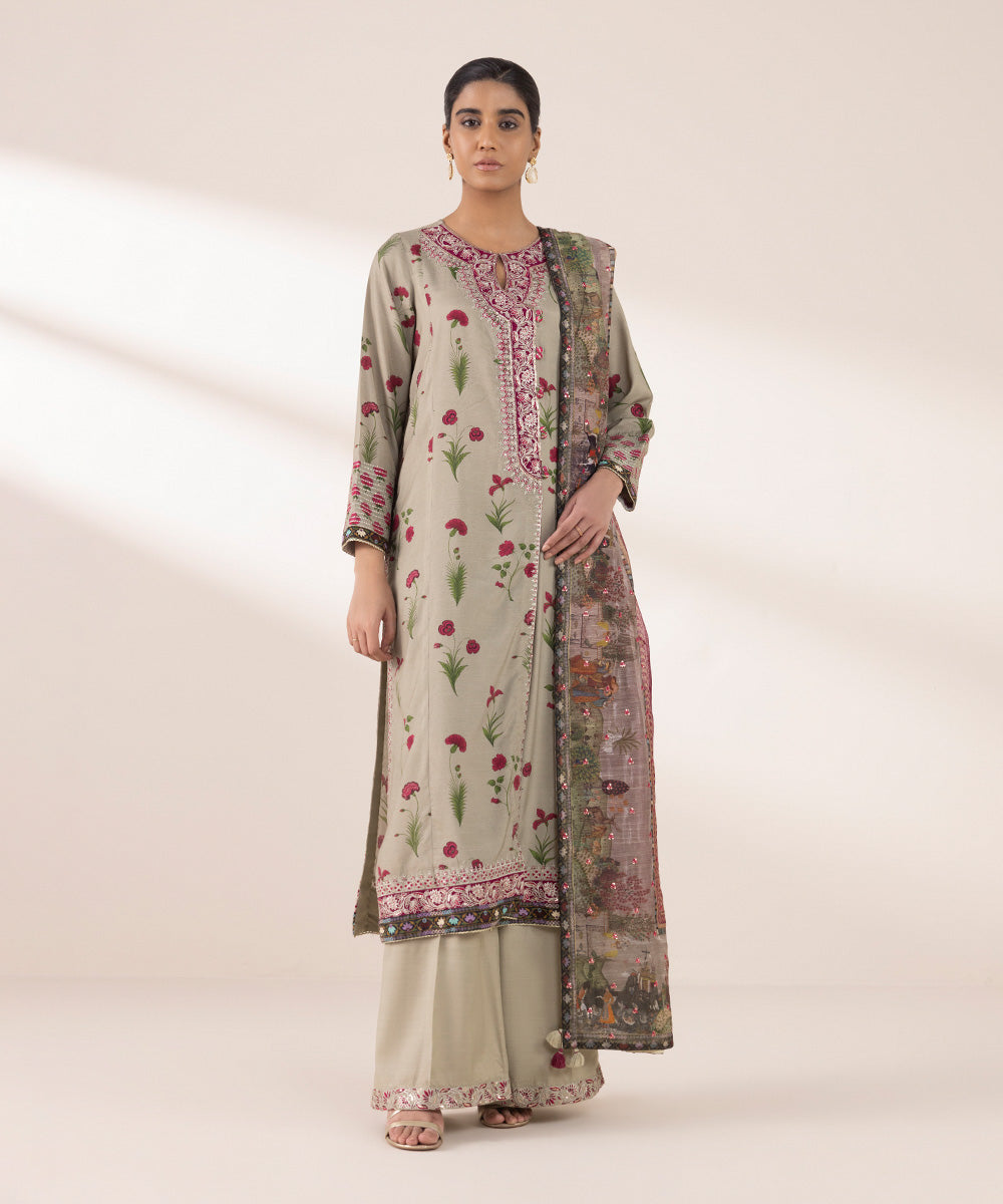 Women's RTW Viscose Raw Silk Multi Embroidered Three Piece Suit