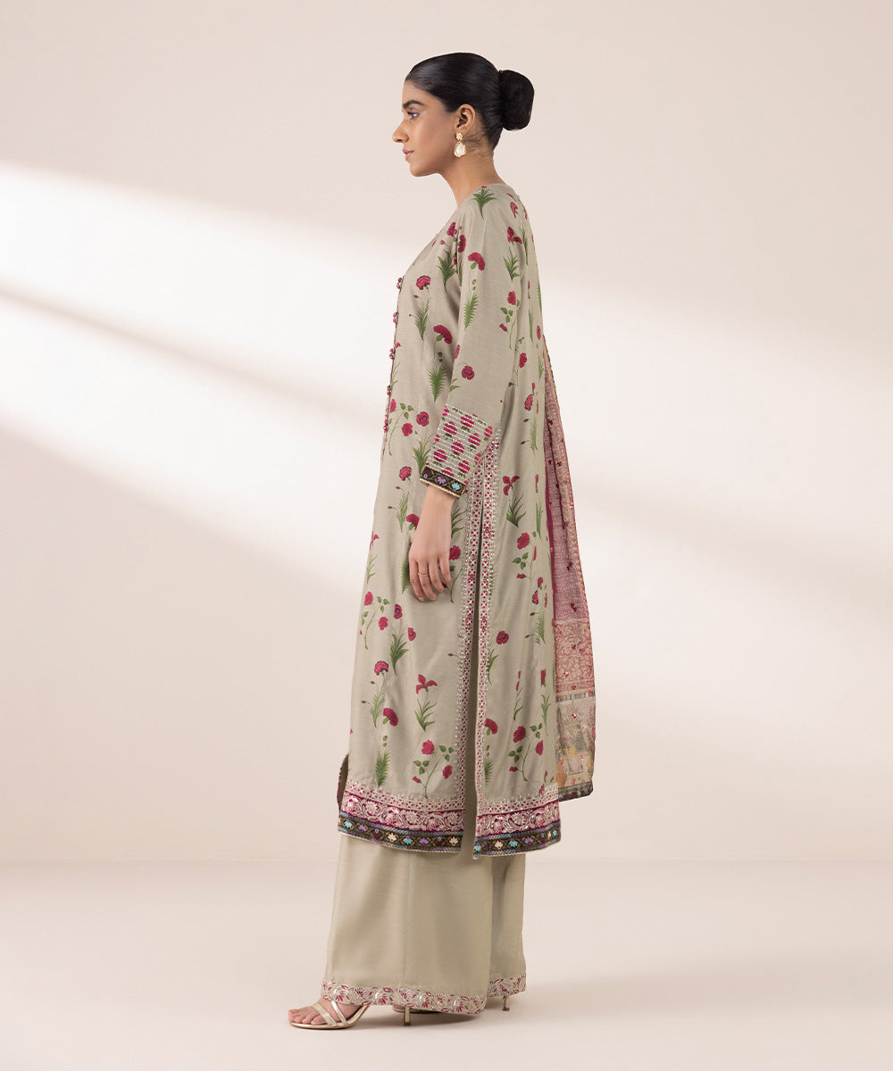 Women's RTW Viscose Raw Silk Multi Embroidered Three Piece Suit