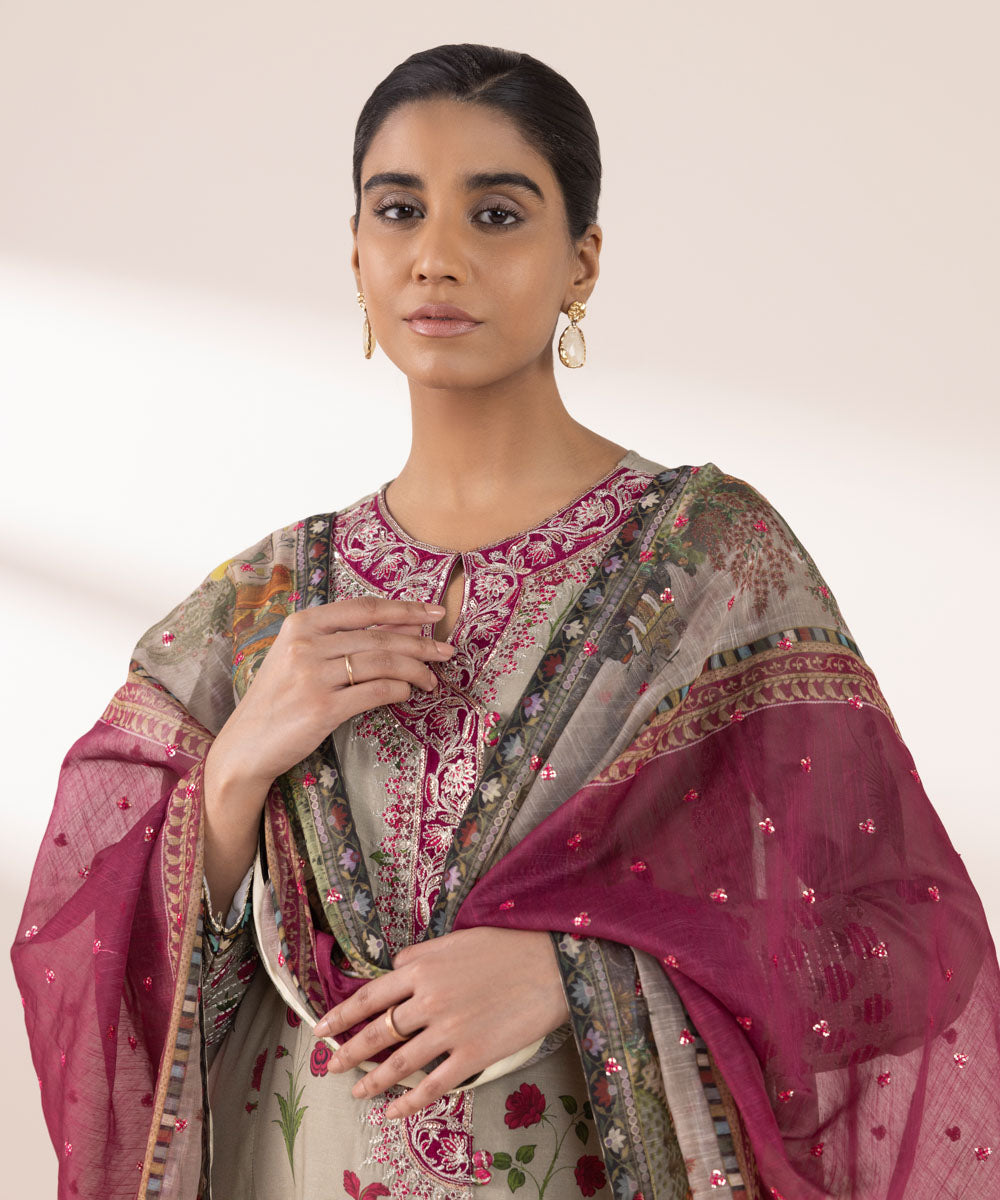 Women's RTW Viscose Raw Silk Multi Embroidered Three Piece Suit