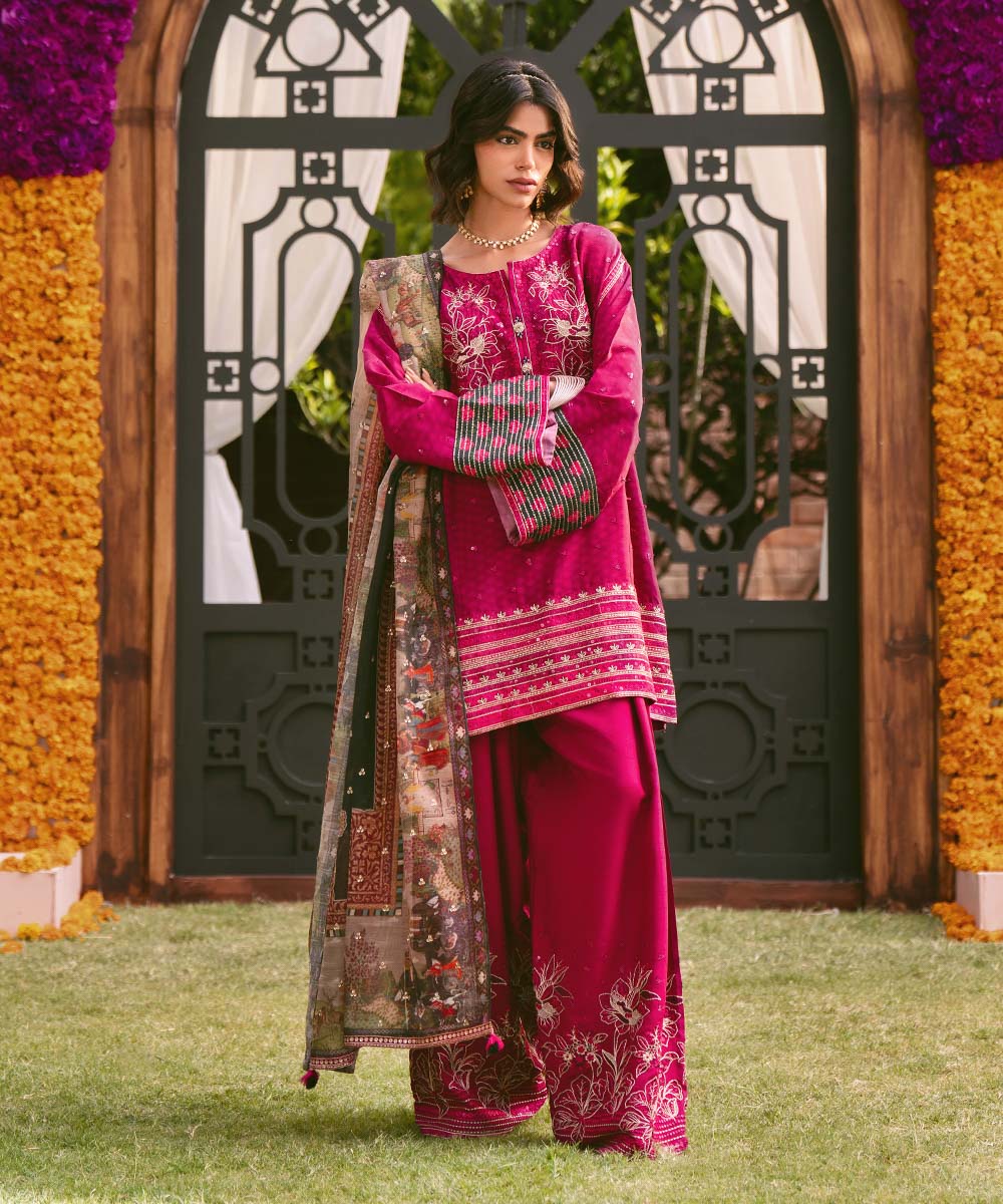 Women's RTW Raw Silk Purple Embroidered Three Piece Suit
