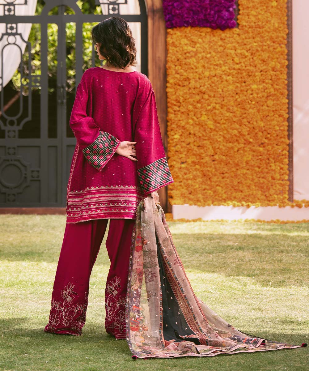 Women's RTW Raw Silk Purple Embroidered Three Piece Suit