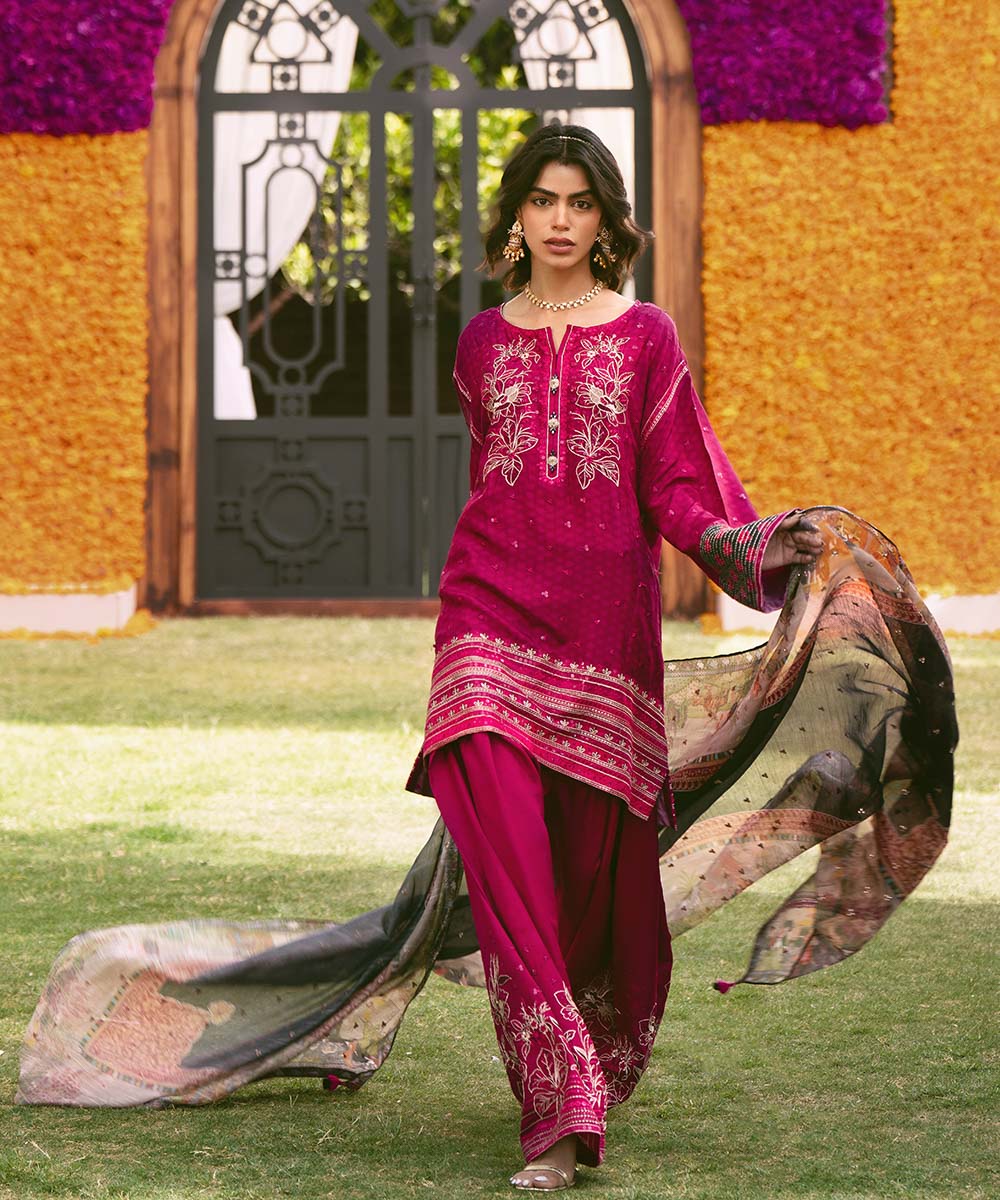 Women's RTW Raw Silk Purple Embroidered Three Piece Suit