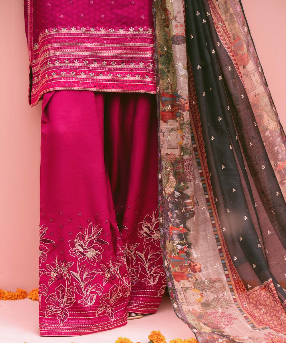 Women's RTW Raw Silk Purple Embroidered Three Piece Suit