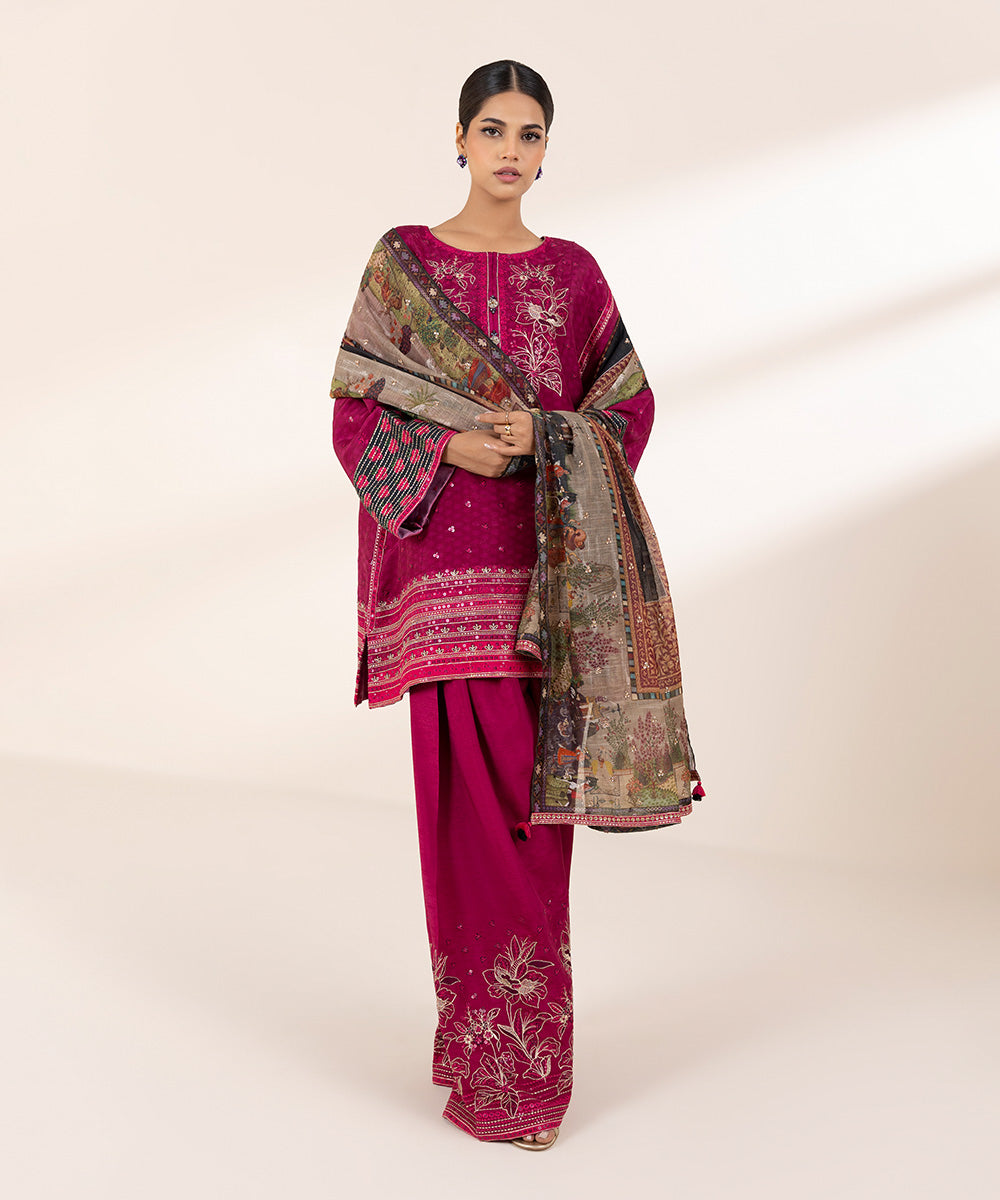 Women's RTW Raw Silk Purple Embroidered Three Piece Suit