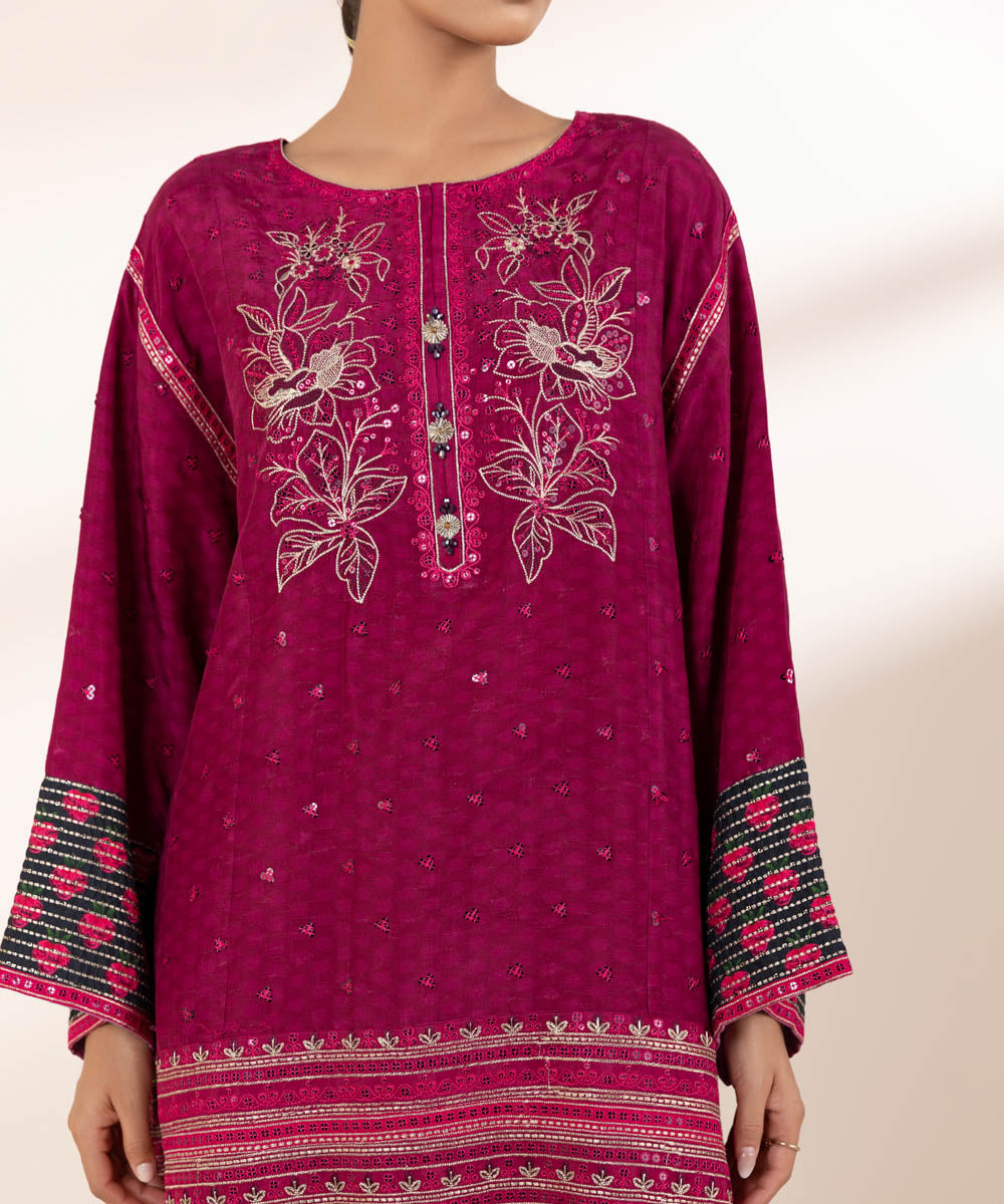 Women's RTW Raw Silk Purple Embroidered Three Piece Suit