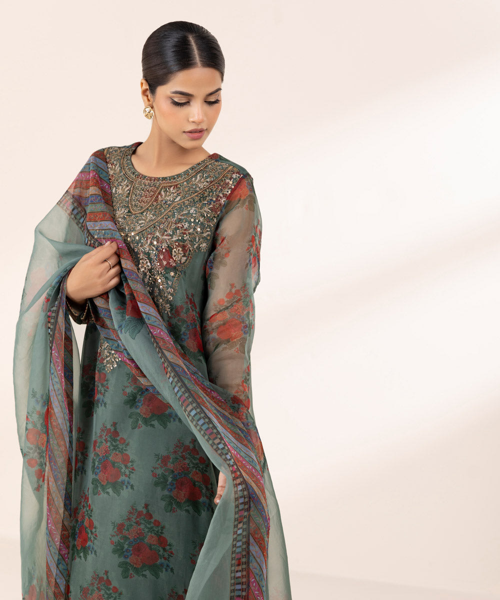 Women's RTW Blended Organza Green Embroidered Three Piece Suit