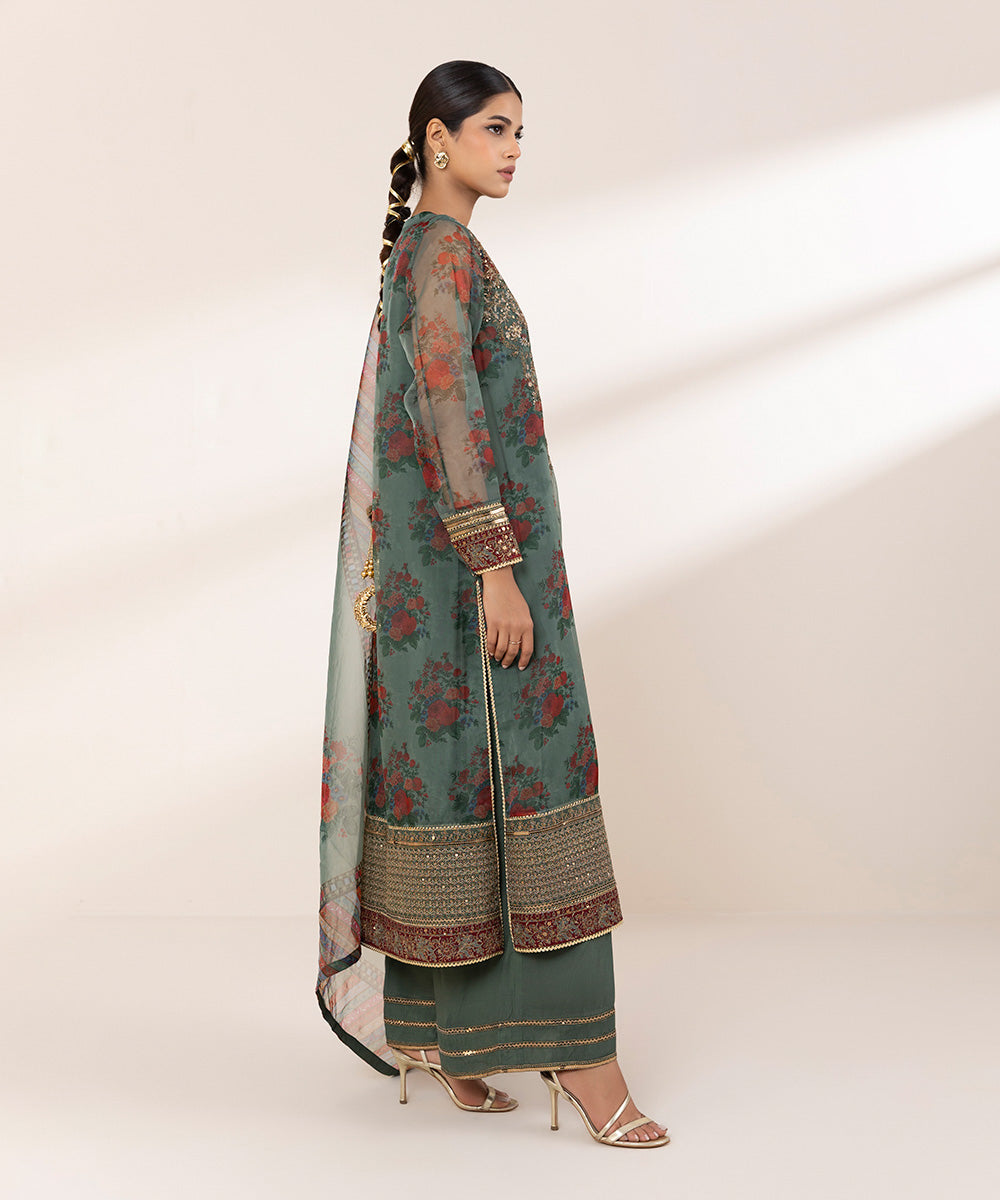 Women's RTW Blended Organza Green Embroidered Three Piece Suit