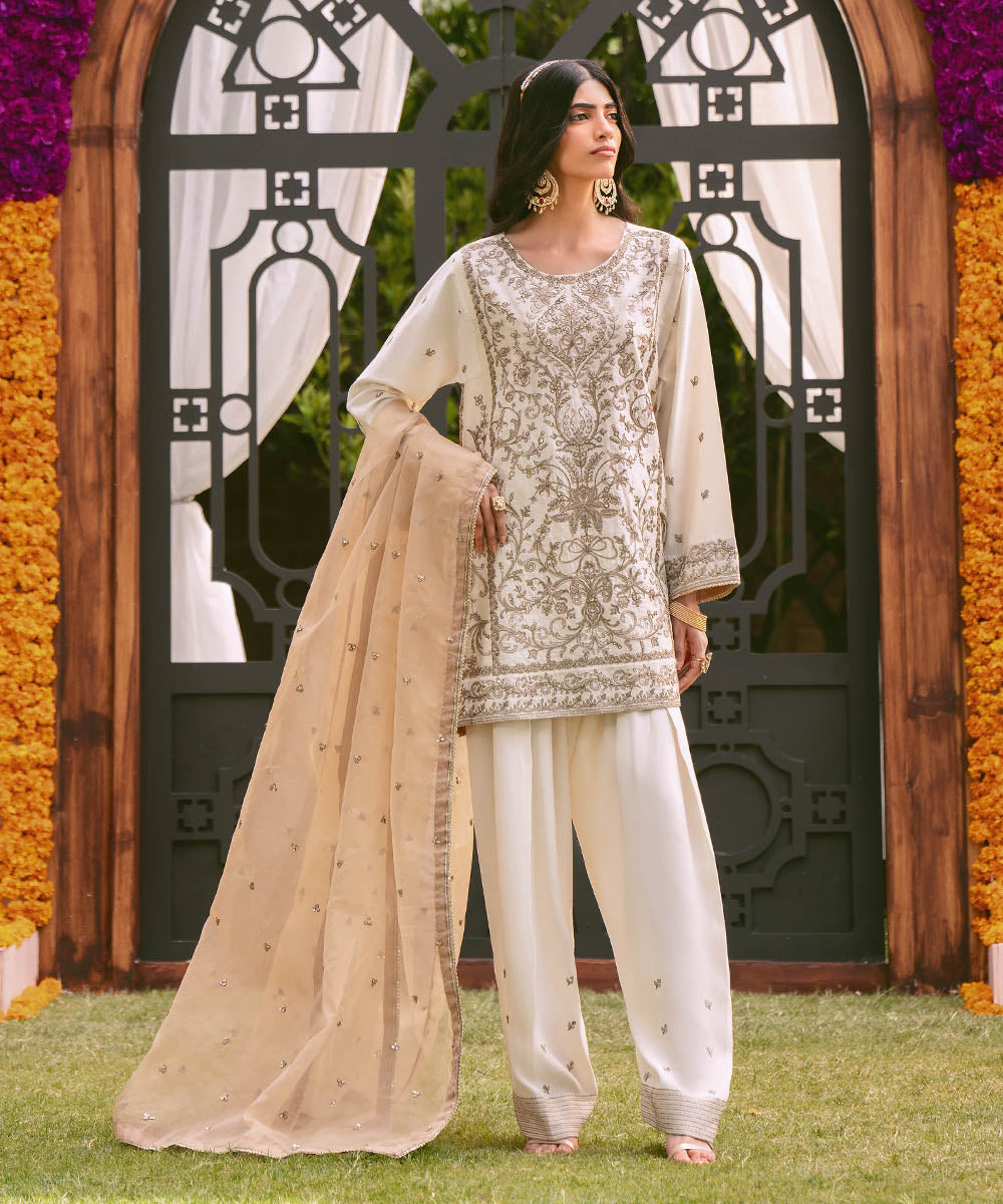 Women's RTW Silk Cotton Net Beige Embroidered Three Piece Suit