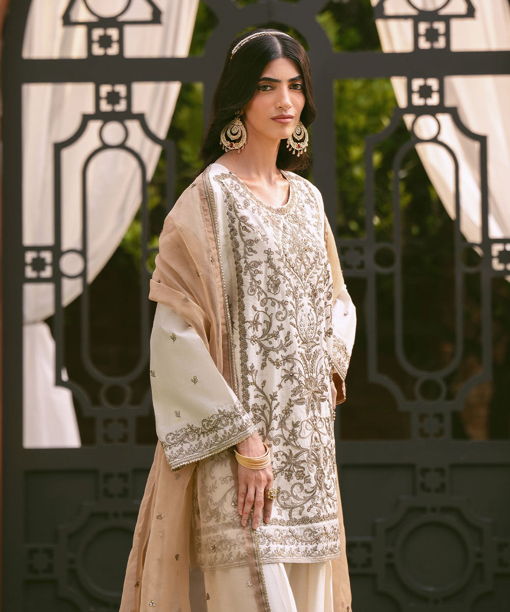 Women's RTW Silk Cotton Net Beige Embroidered Three Piece Suit