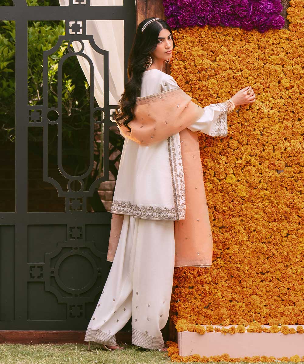 Women's RTW Silk Cotton Net Beige Embroidered Three Piece Suit