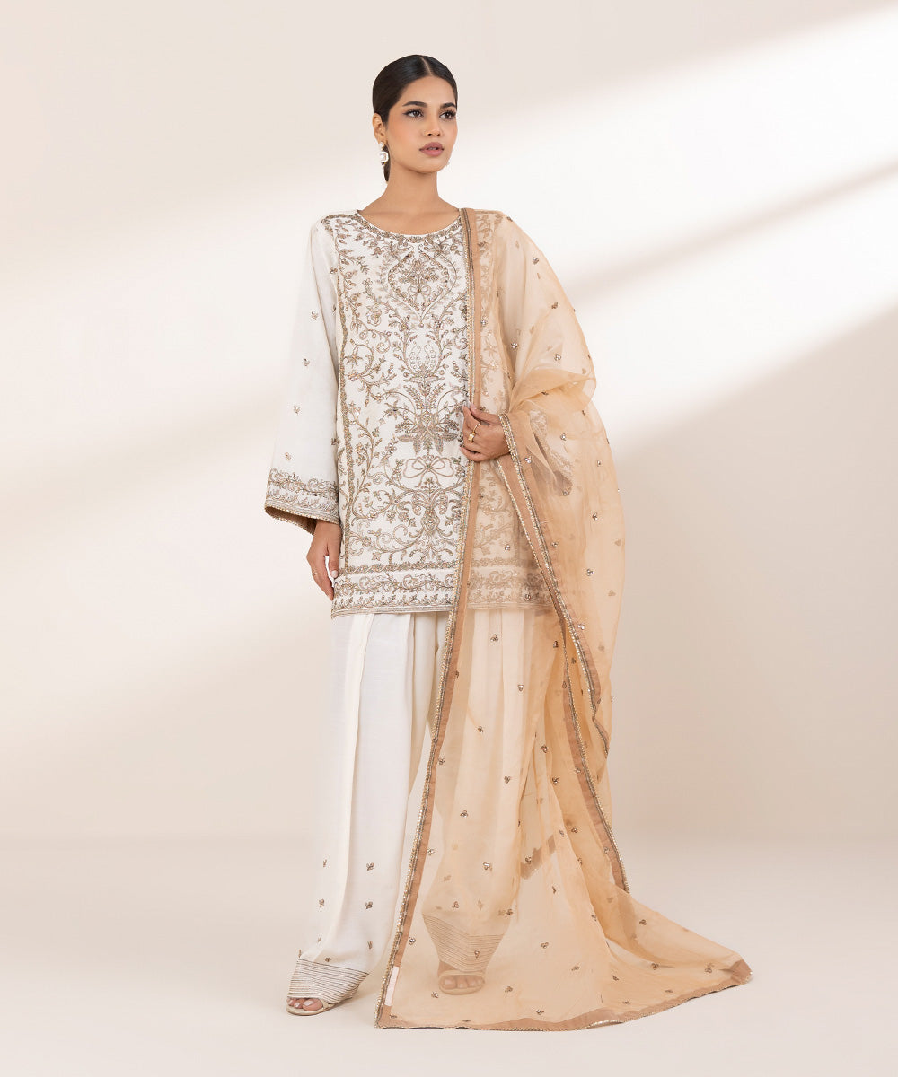 Women's RTW Silk Cotton Net Beige Embroidered Three Piece Suit