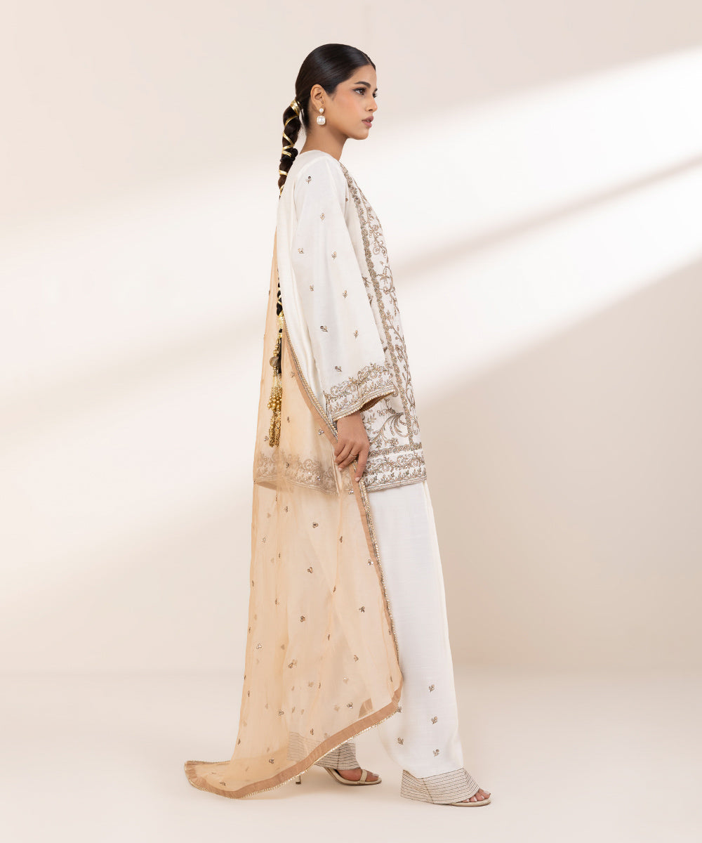 Women's RTW Silk Cotton Net Beige Embroidered Three Piece Suit