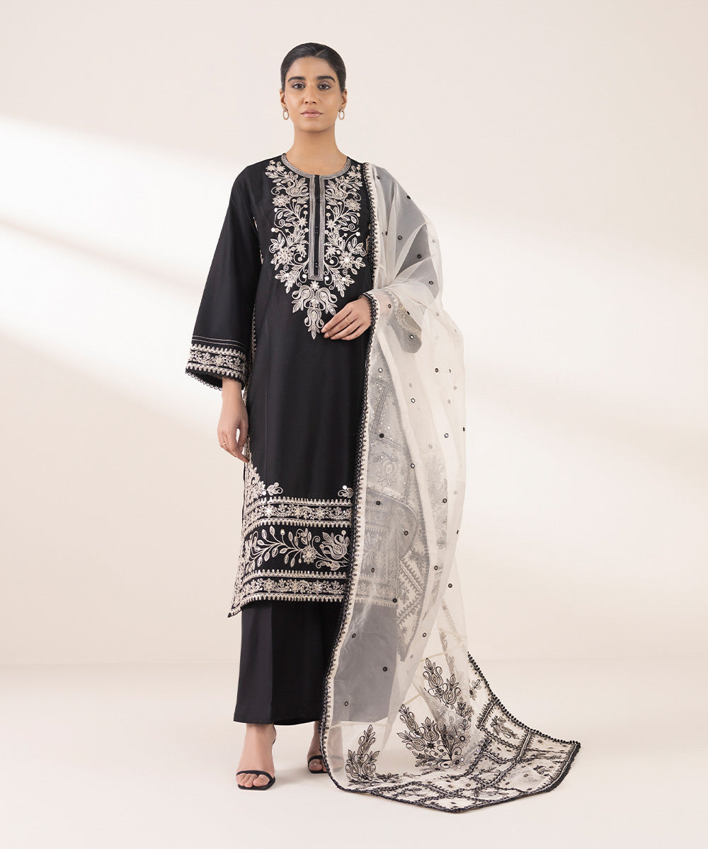 Women's RTW Silk Cotton Net Black Embroidered Three Piece Suit