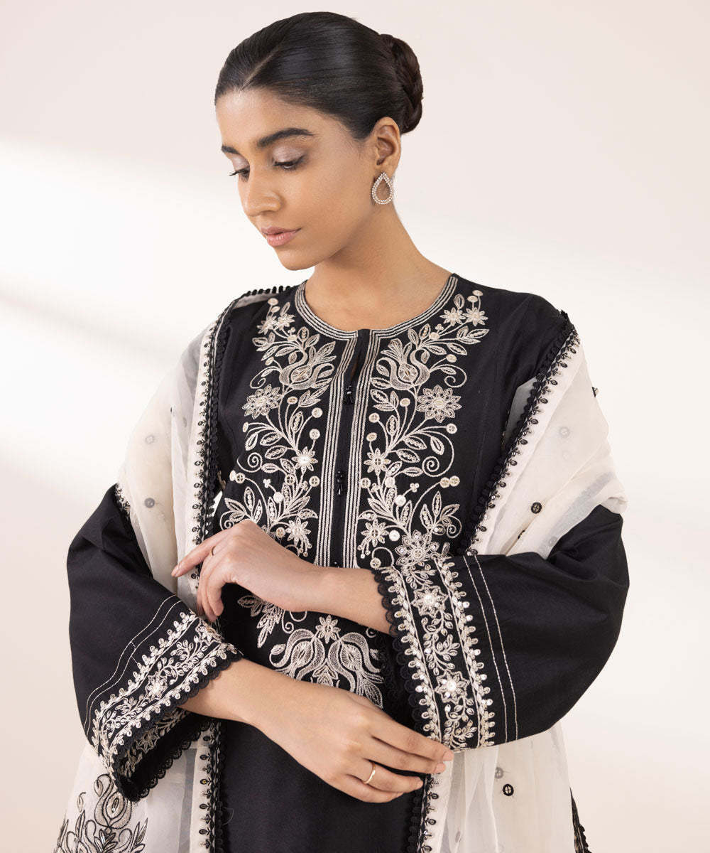 Women's RTW Silk Cotton Net Black Embroidered Three Piece Suit