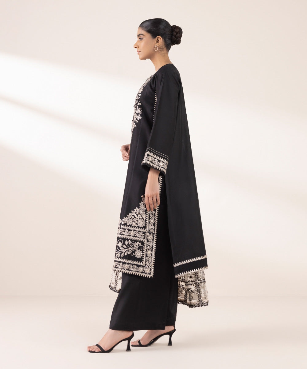 Women's RTW Silk Cotton Net Black Embroidered Three Piece Suit