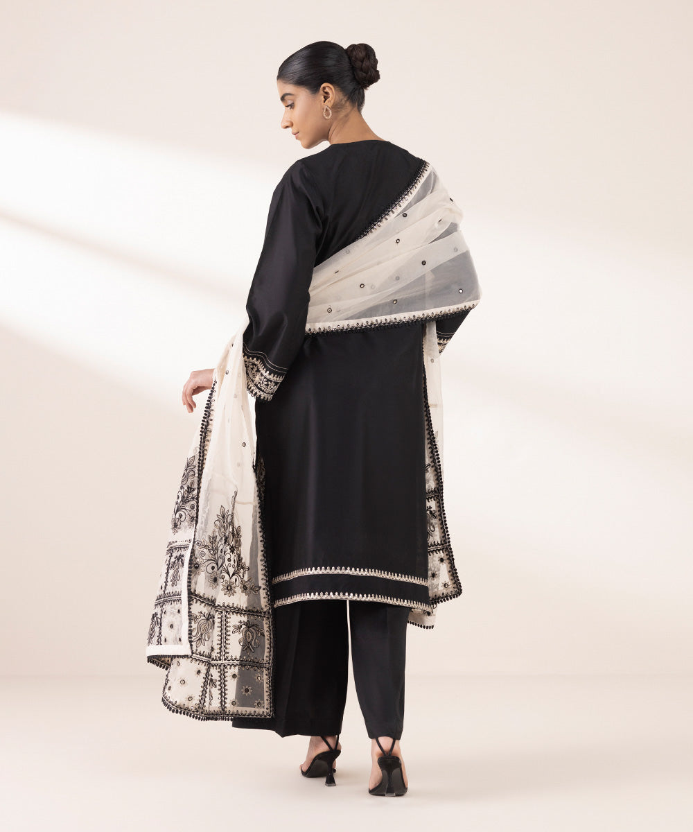 Women's RTW Silk Cotton Net Black Embroidered Three Piece Suit