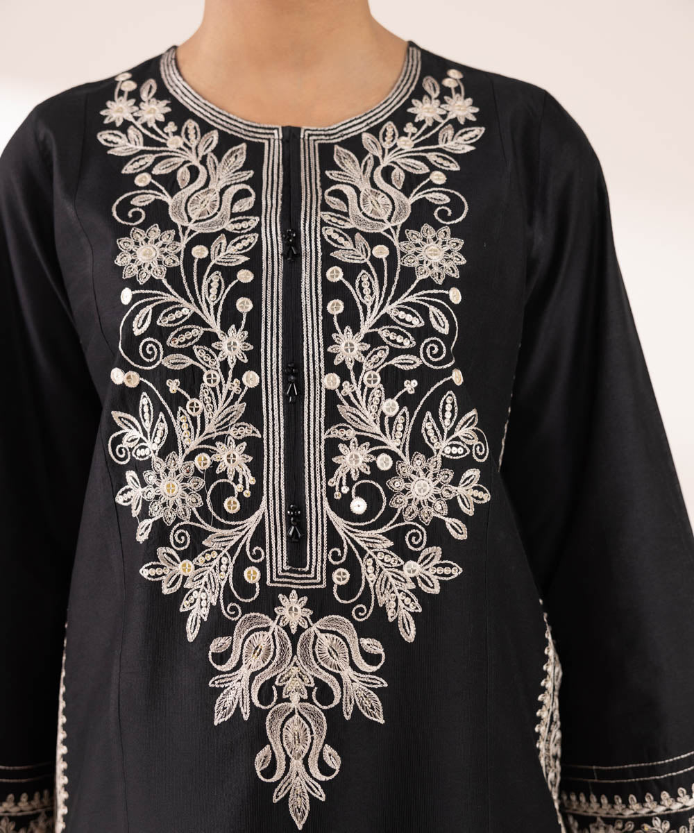 Women's RTW Silk Cotton Net Black Embroidered Three Piece Suit