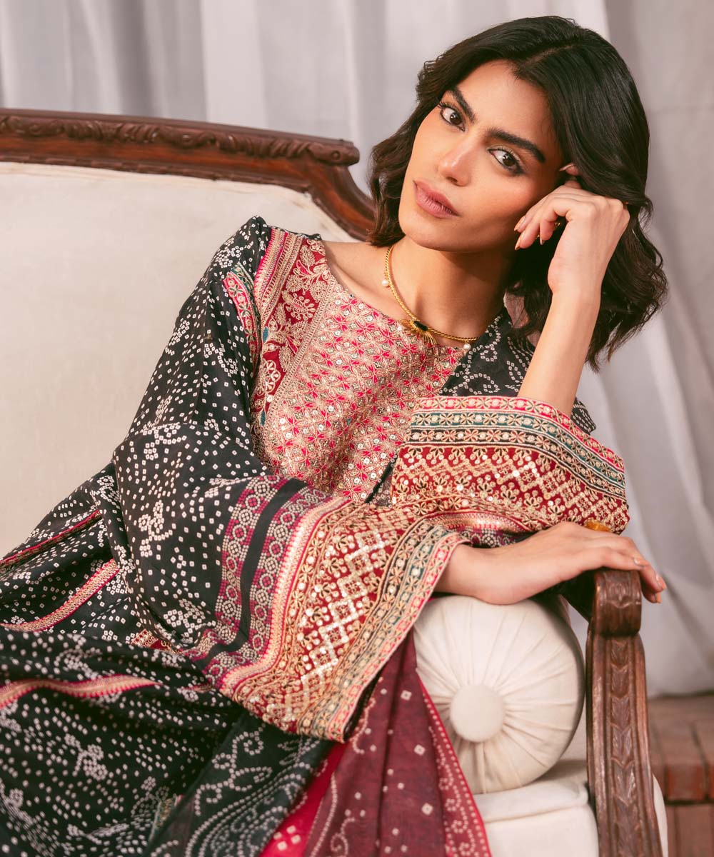 Women's RTW Viscose Raw Silk Black Embroidered Three Piece Suit