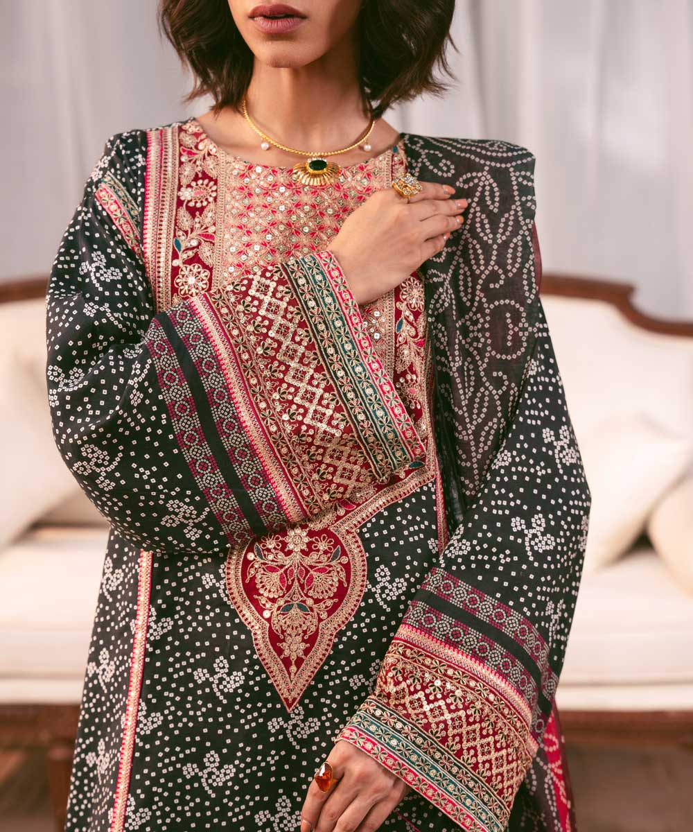 Women's RTW Viscose Raw Silk Black Embroidered Three Piece Suit