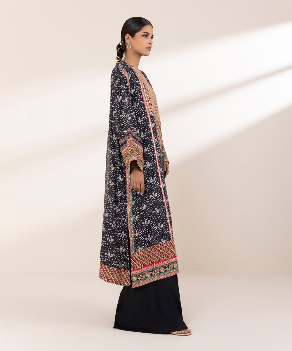 Women's RTW Viscose Raw Silk Black Embroidered Three Piece Suit