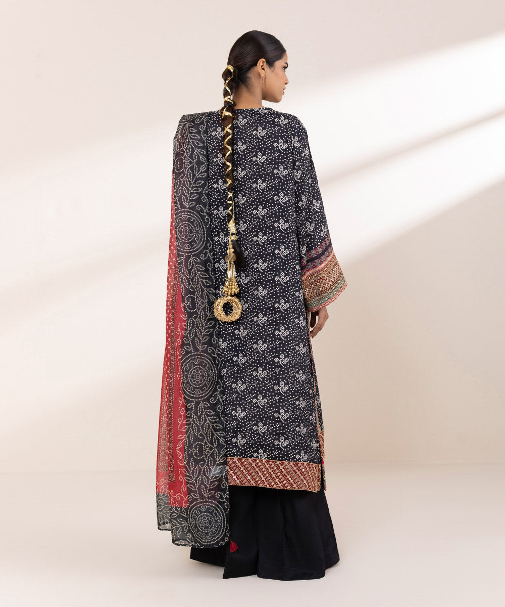 Women's RTW Viscose Raw Silk Black Embroidered Three Piece Suit