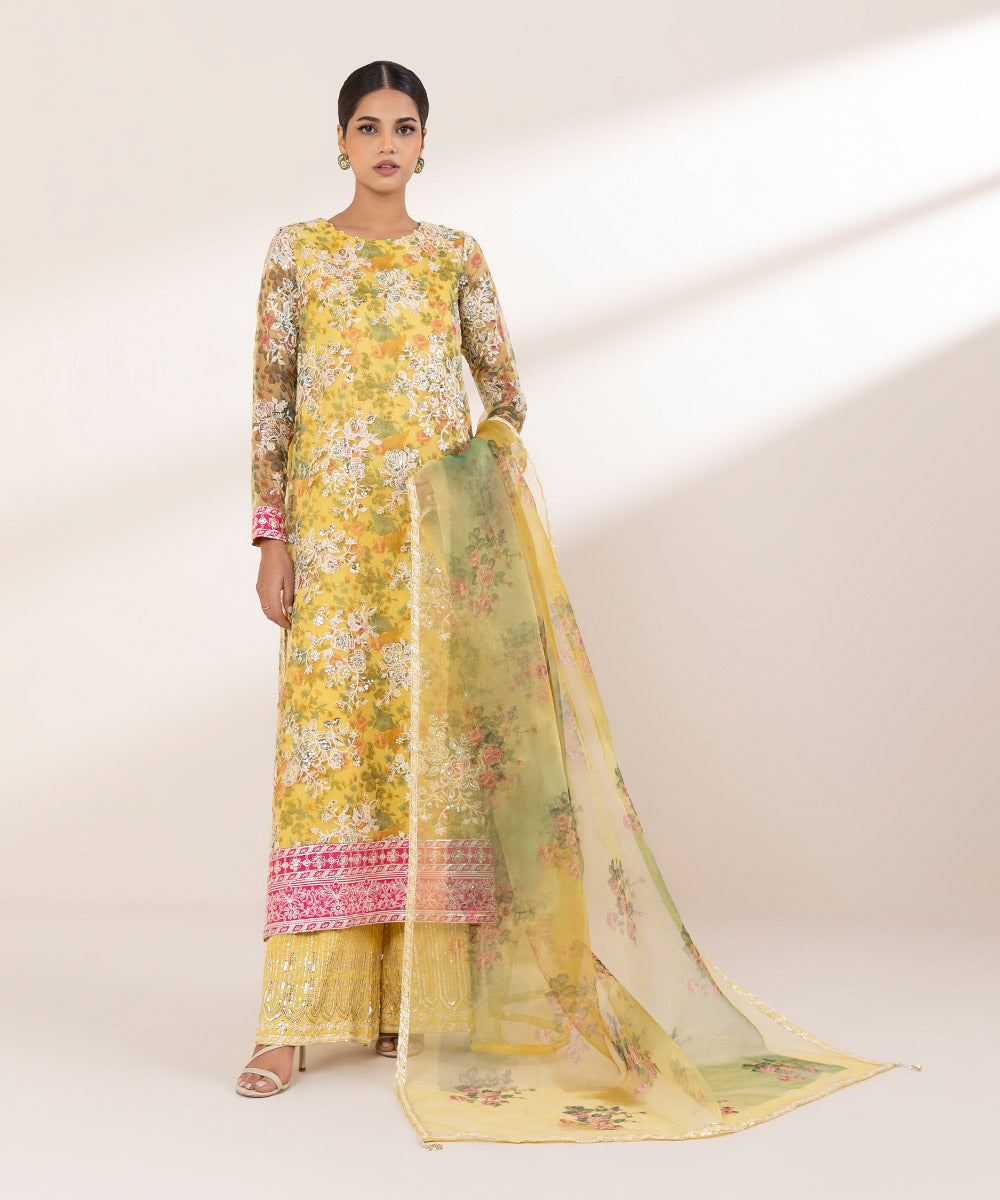 Women's RTW Blended Organza Yellow Embroidered Three Piece Suit