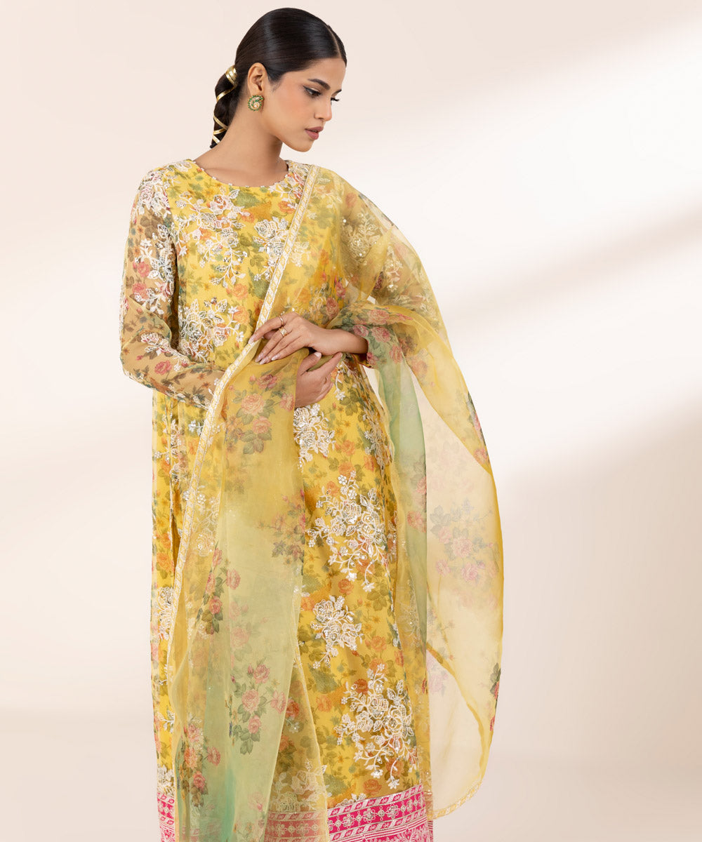 Women's RTW Blended Organza Yellow Embroidered Three Piece Suit