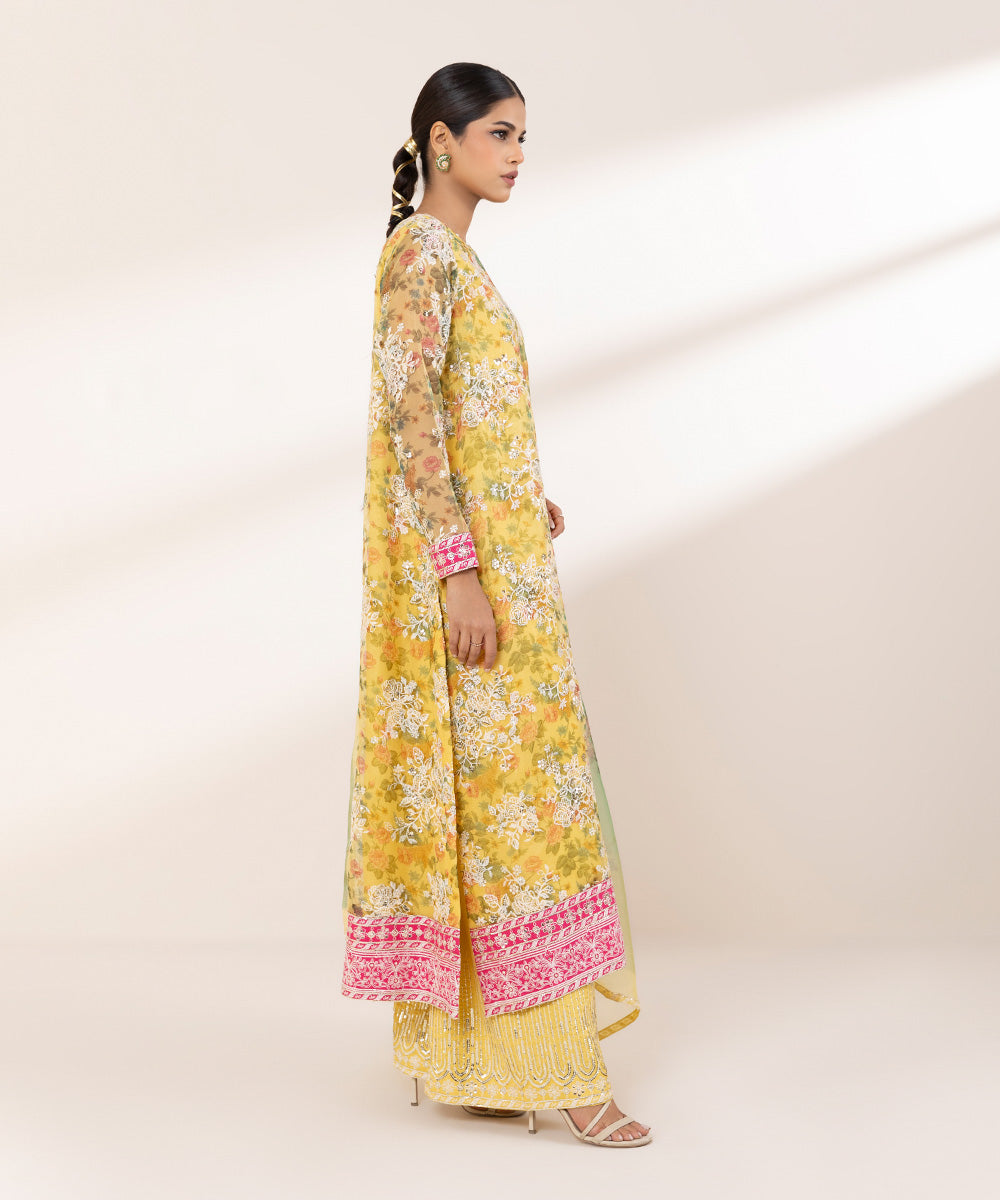 Women's RTW Blended Organza Yellow Embroidered Three Piece Suit
