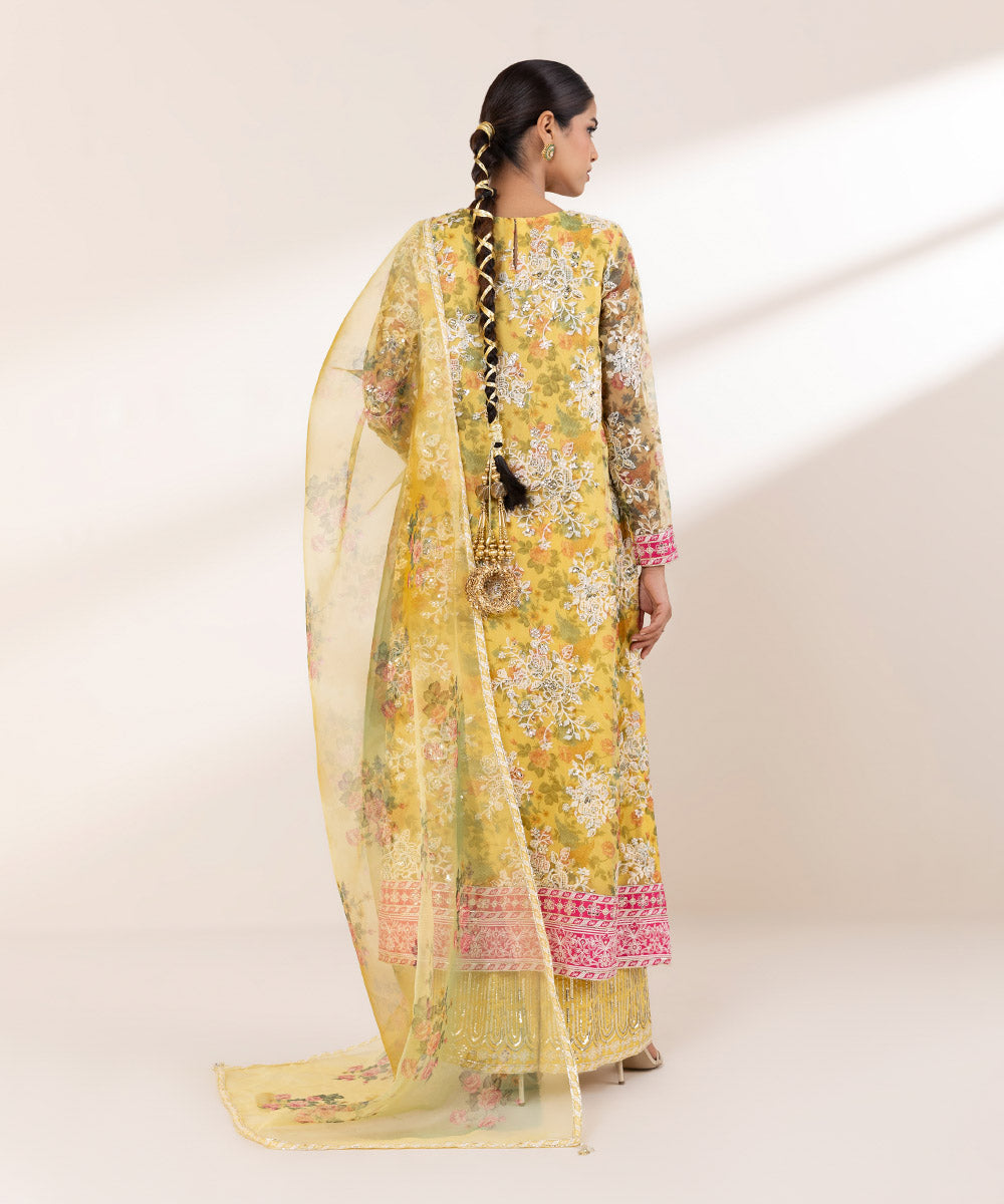 Women's RTW Blended Organza Yellow Embroidered Three Piece Suit