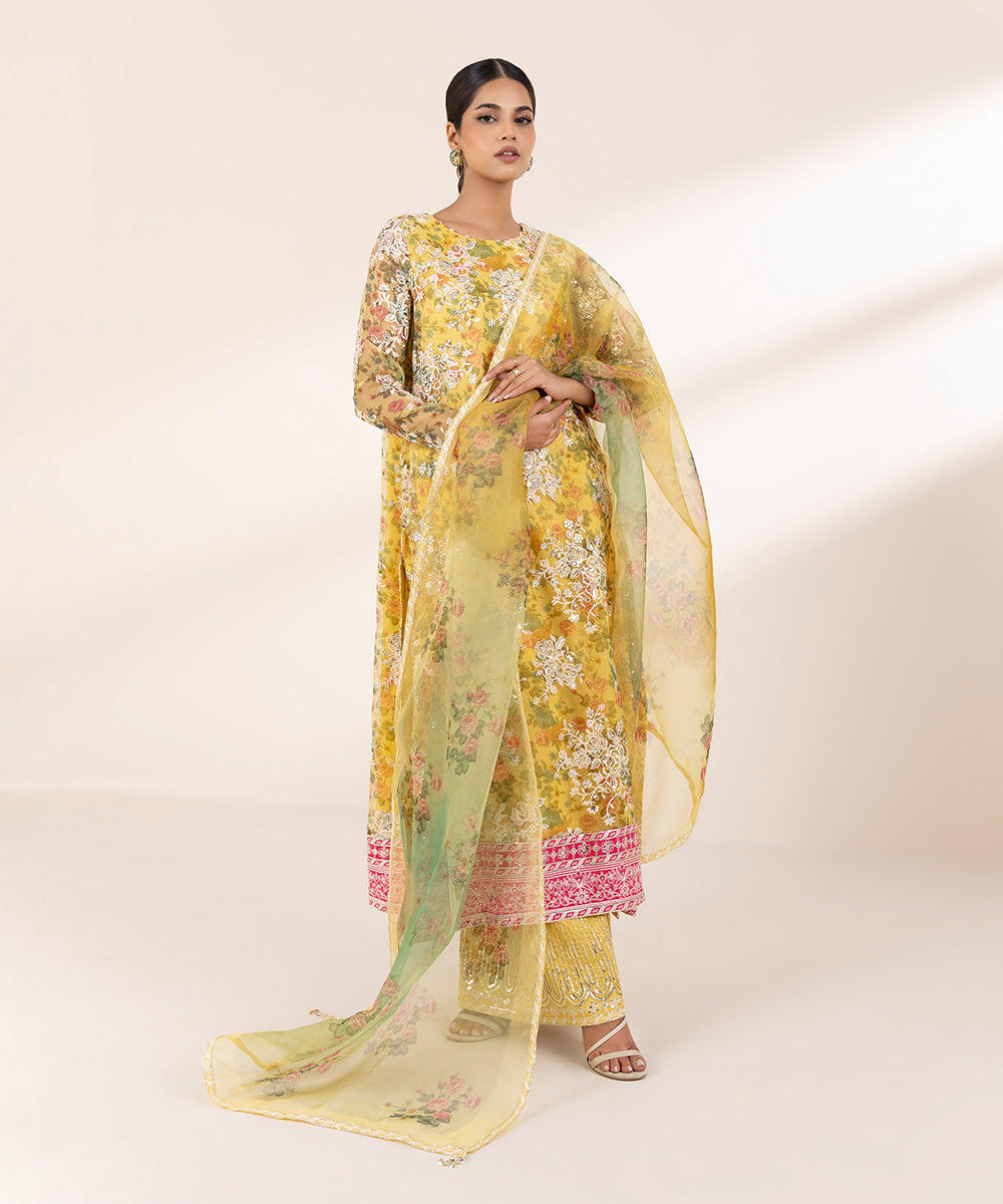Women's RTW Blended Organza Yellow Embroidered Three Piece Suit