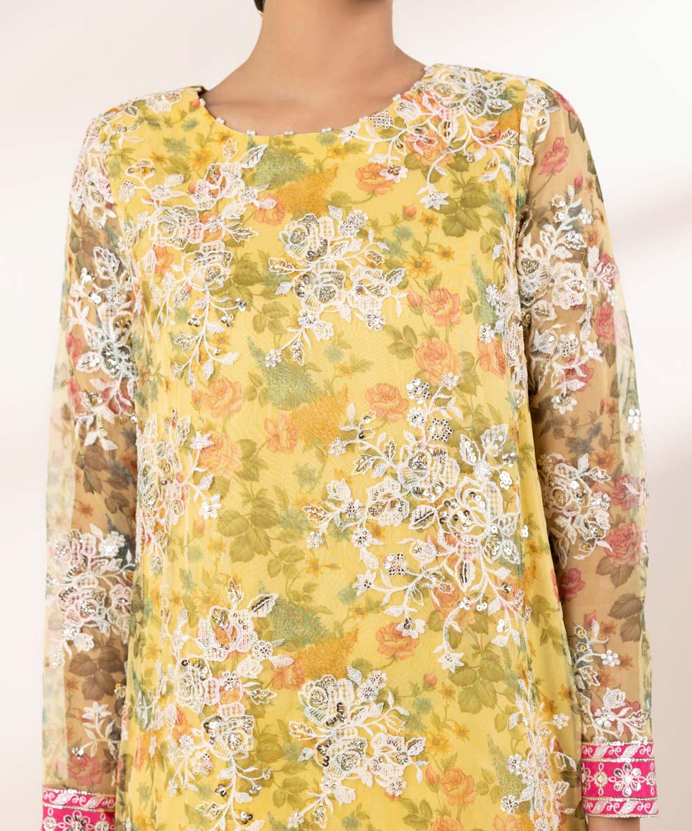 Women's RTW Blended Organza Yellow Embroidered Three Piece Suit