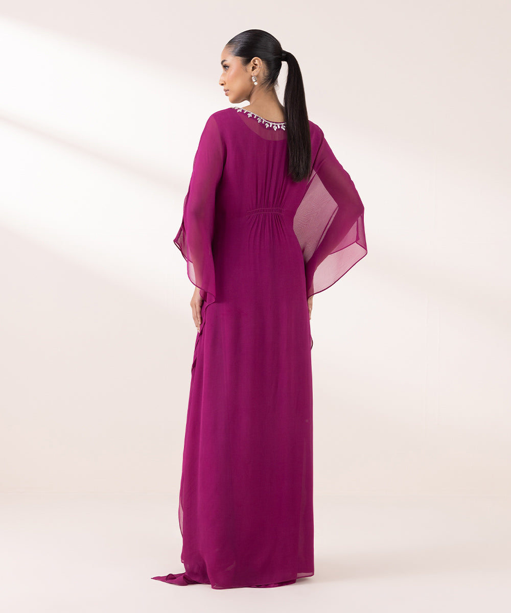 Women's Pret Solid Magenta Bemberg Georgette Chiffon Kaftan Shirt