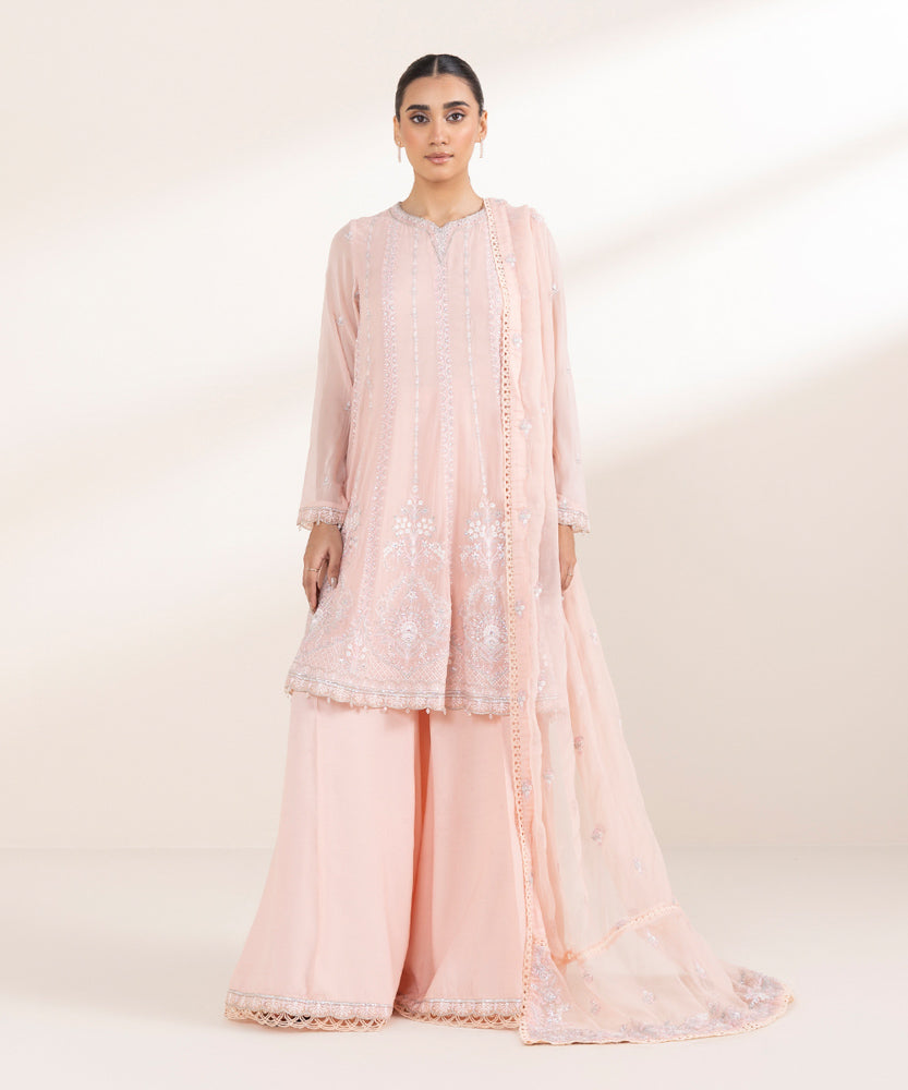 Women's Pret Embroidered Light Peach Bemberg Georgette Chiffon Three Piece Suit