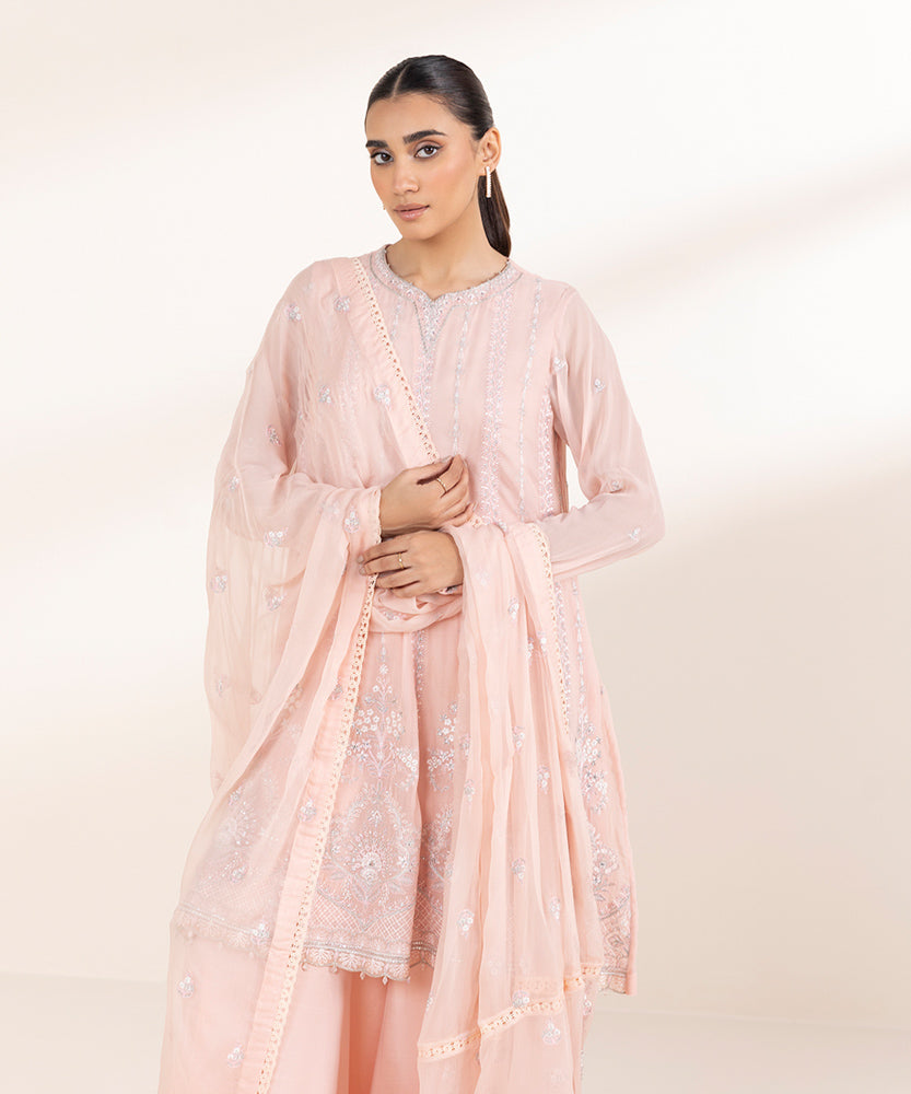 Women's Pret Embroidered Light Peach Bemberg Georgette Chiffon Three Piece Suit