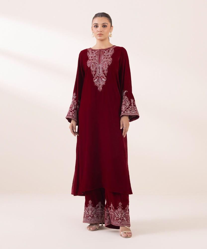 Women's Pret Solid Embroidered Maroon Velvet Two Piece Suit